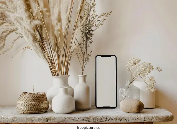 Minimalist Aesthetic Still Life with Dried Flowers and Phone