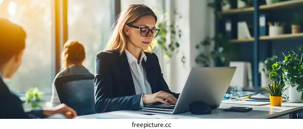 Businesswoman Working on Laptop in Modern Office