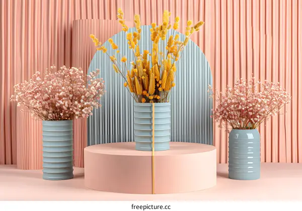 Dried Flowers in Blue Vases with Pink Background