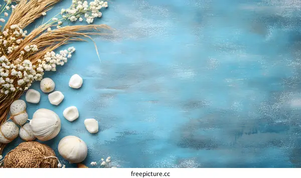 Blue Wooden Background with White Flowers and Shells