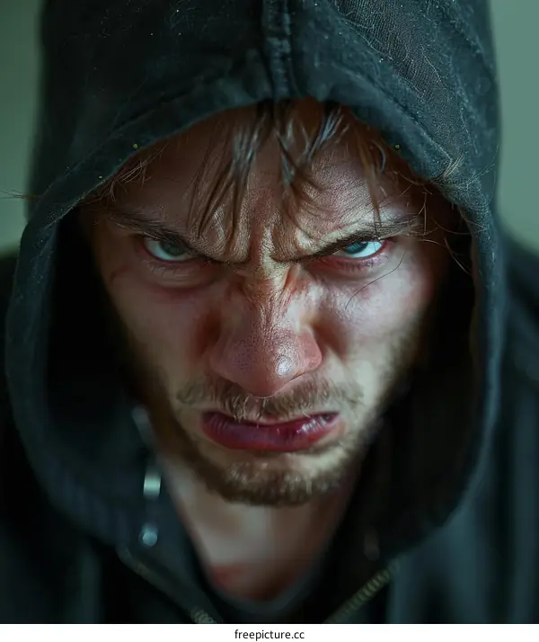 Close-up Portrait of an Angry Man in a Hoodie