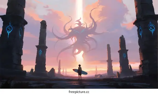 A lone figure stands amid ancient ruins with a cosmic entity glowing in the sky