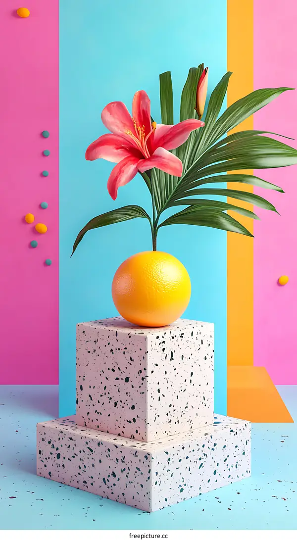 Orange Flower and Palm Leaf on a Pink and Blue Background