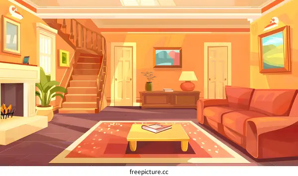 Cartoon Illustration of Living Room with Stairs