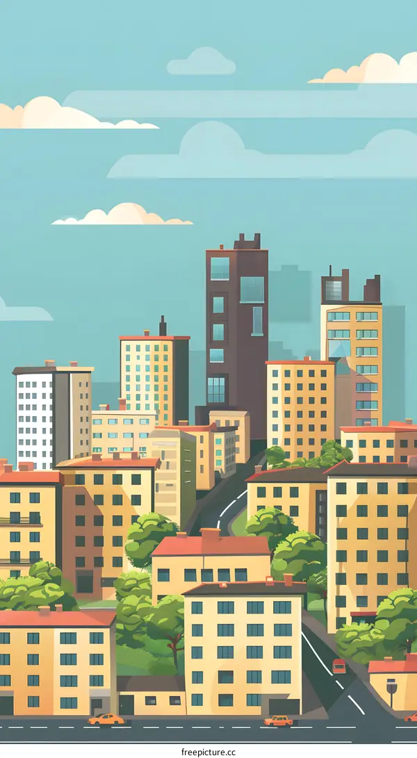 Cartoon Cityscape Illustration With Buildings, Roads, and Trees