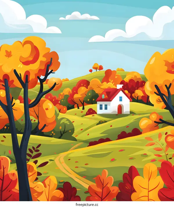 Autumn Landscape with House and Path