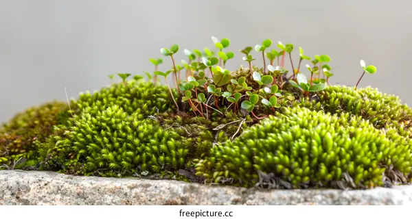 Green Moss and Small Plants Growing on a Rock