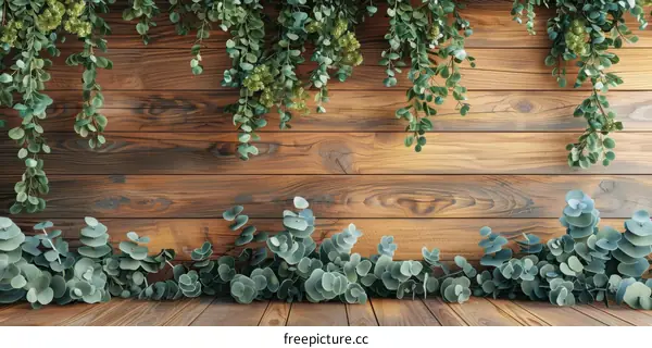Natural Wood Background with Hanging Eucalyptus Branches