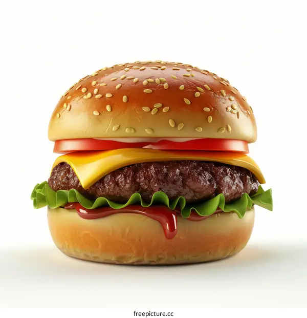 A cheeseburger with sesame seeds on a white background