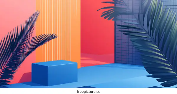 Minimalist 3D Render Of Blue Cube With Palm Leaf On Pink And Orange Background