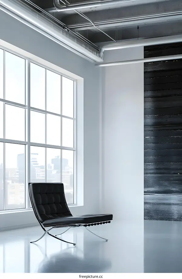 Modern Minimalist Interior Design with Black Leather Lounge Chair and City View