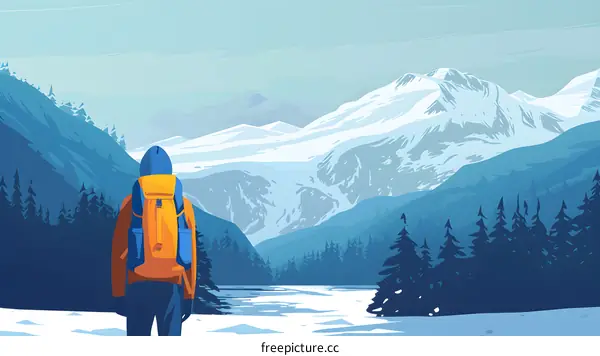 Hiker Looking At Snowy Mountain