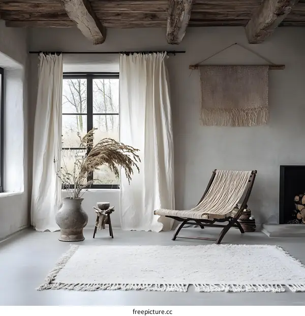 Minimalist Living Room Interior Design With White Curtains and Beige Rug
