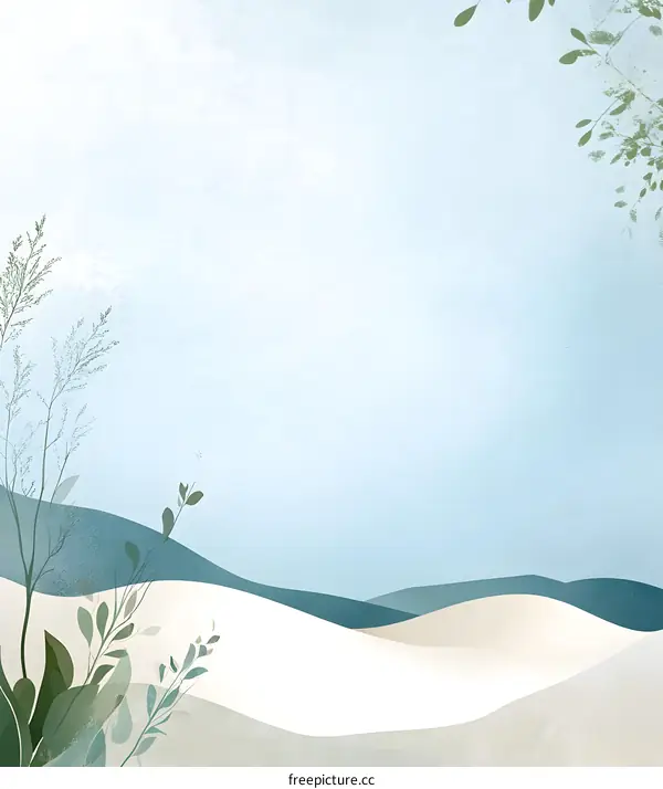 Abstract Landscape Illustration with Blue Hills and Green Leaves