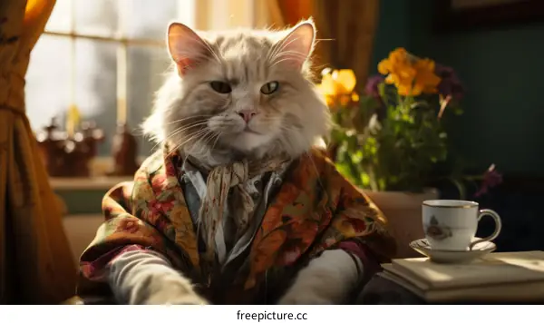 A cat wearing a floral shirt is sitting in a chair and looking at the camera.