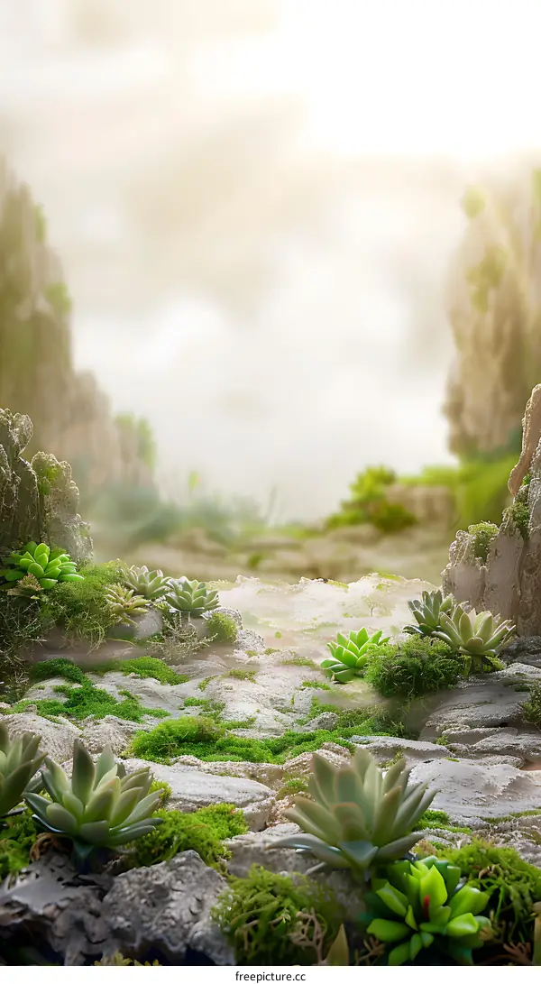 Green Succulents on Moss Covered Rocks