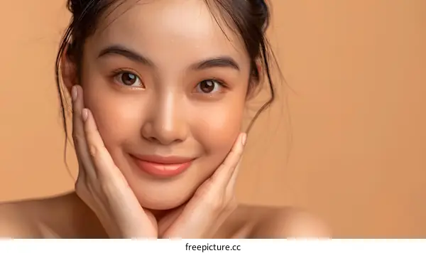 Portrait of a Young Asian Woman with Skin Care Products