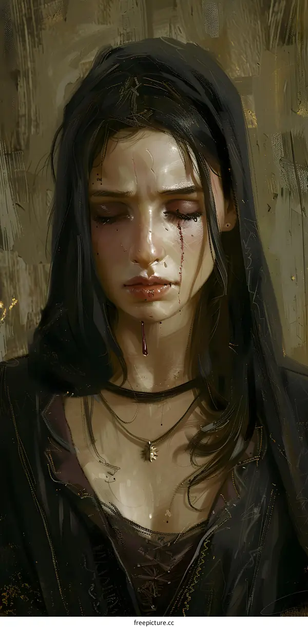 portrait of a crying girl with dark hair and brown eyes