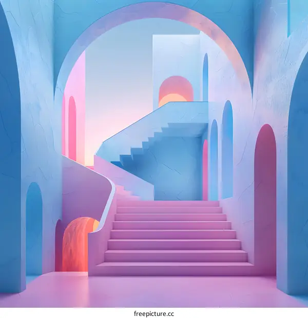 A staircase in a blue and pink room