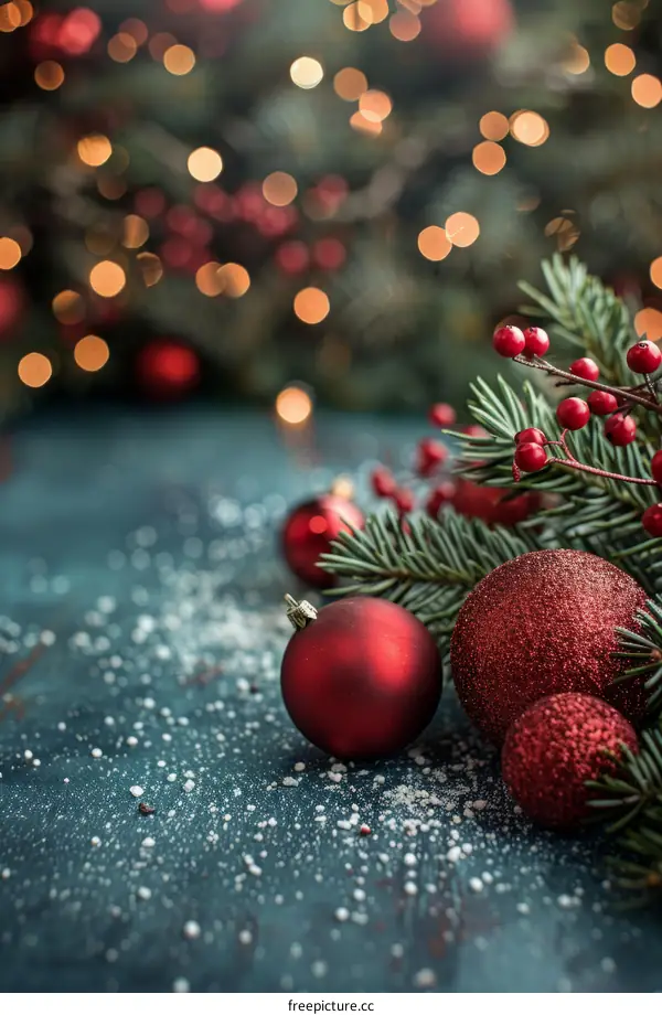 Red and green Christmas ornaments with a blurred background of twinkling lights