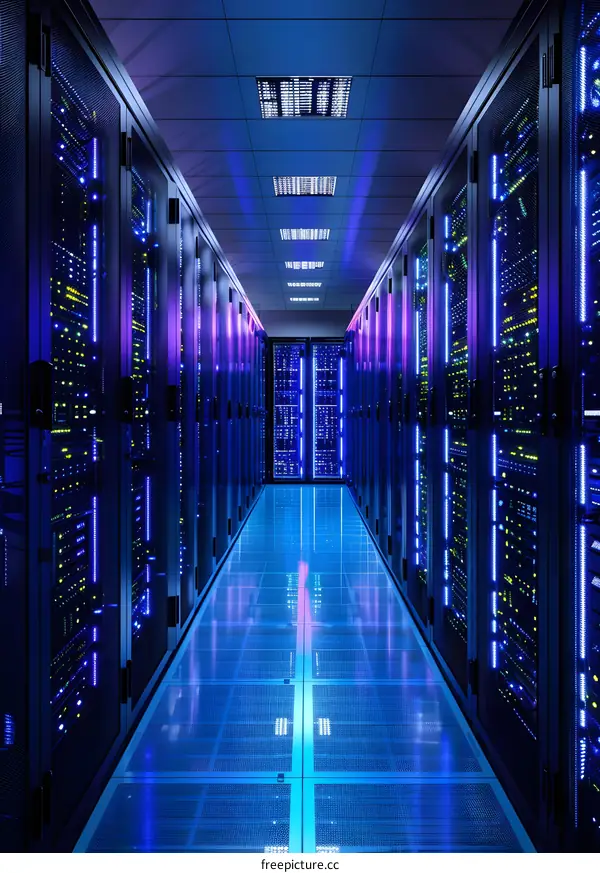Server room with blue and purple lights