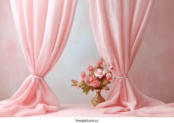 Elegant Pink Curtains and Floral Still Life