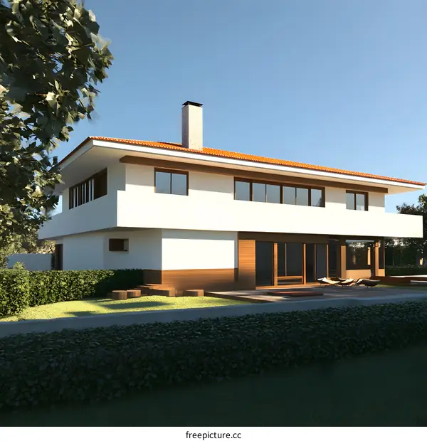 Modern White House with Brown Accents and Green Bushes