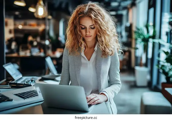 Working Woman Using Laptop in Modern Office