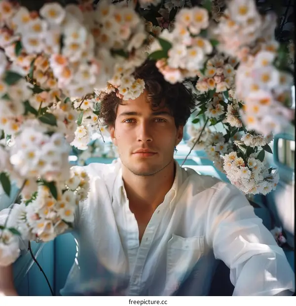 Portrait of a young man surrounded by white flowers