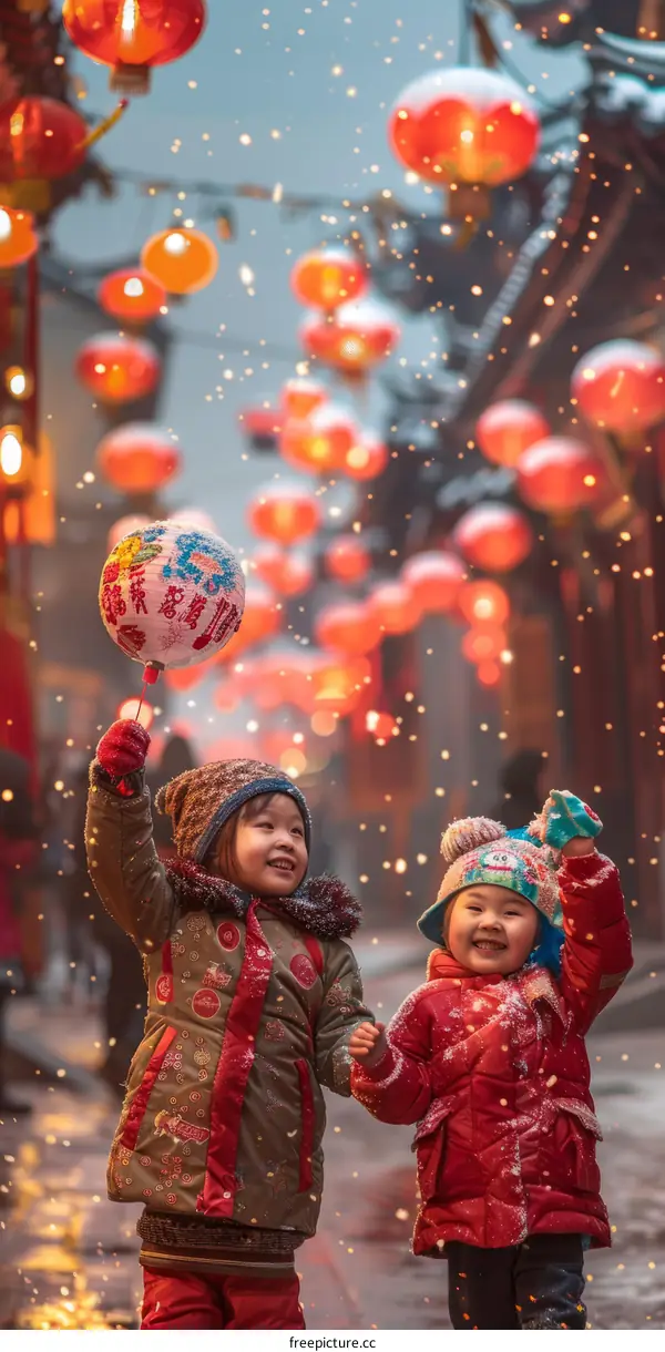 Two happy children holding hands and walking in a snowy street with red lanterns