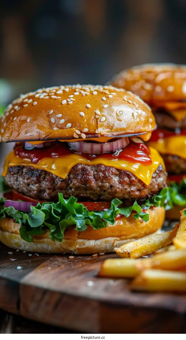 A delicious cheeseburger with fries on a wooden table