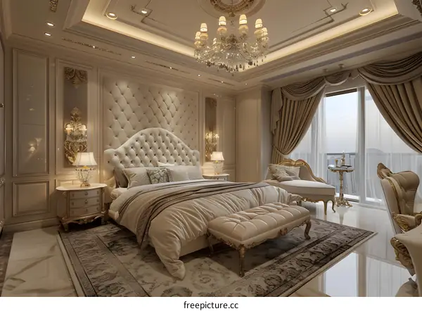 Luxurious hotel room with a large bed, sitting area, and balcony with a view of the city.
