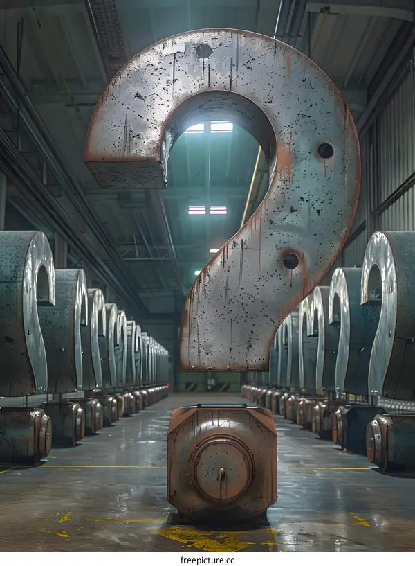 Large metal question mark in storage facility