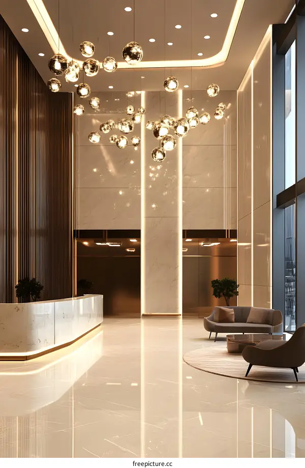 Modern Lobby Interior Design with Marble Walls and Chandelier