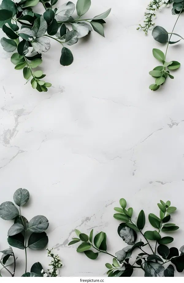 Green Leaves on Marble Background