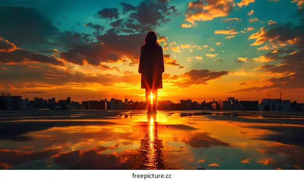 Silhouette Standing on Rooftop at Sunset
