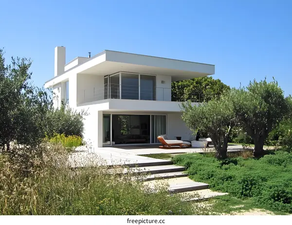 Modern White House with Minimalist Design and Lush Landscaping