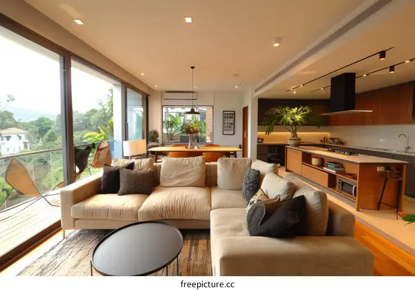 Modern Minimalist Living Room with Open Floor Plan and Large Windows