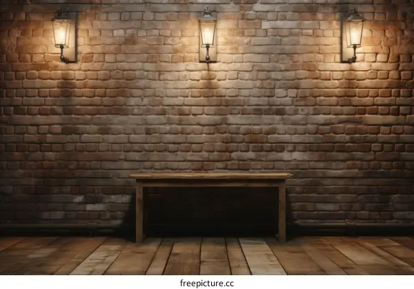 Wooden bench against a brick wall with lanterns
