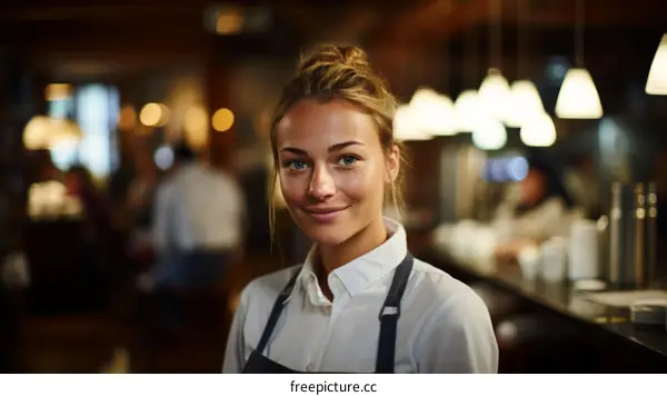 Portrait of a Smiling Waitress in a Busy Restaurant