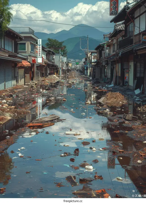 Flooded street in a town with debris and water