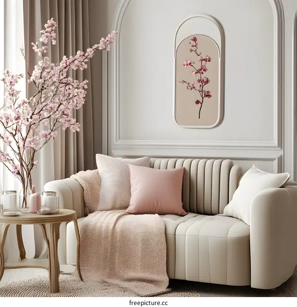 Minimalist Living Room Interior Design with Pink Flowers