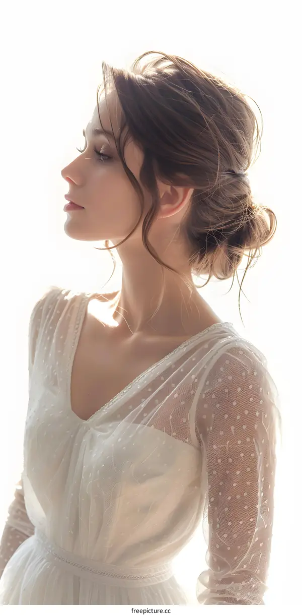 Beautiful Woman in a White Dress Looking Up With the Sun Shining on Her