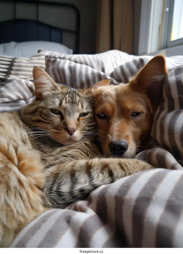 A ginger cat and a brown dog are lying together on a bed