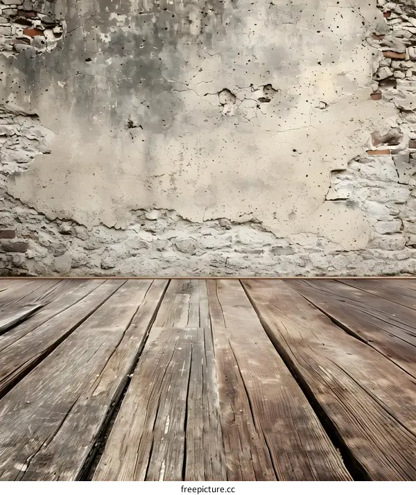 Old Weathered Wooden Floor and Stone Wall Background