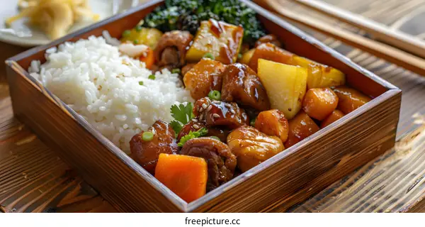 Japanese food bento box with chicken teriyaki, rice and vegetables