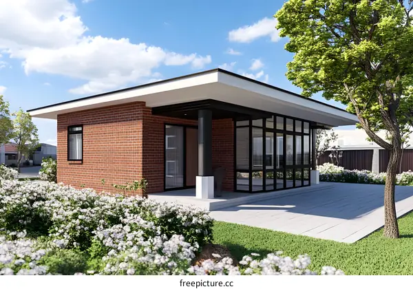 Modern Brick House with Large Windows and Green Garden