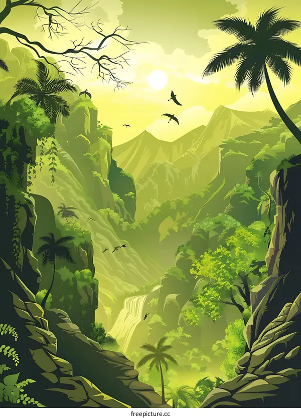 Tropical Rainforest Mountain Landscape With Waterfall