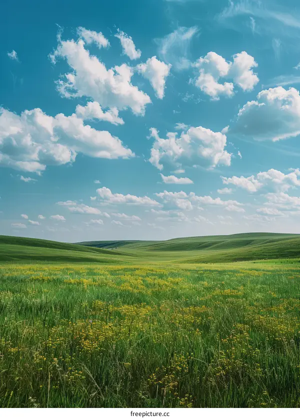 Green Rolling Hills Dotted with Yellow Flowers Under a Blue Sky with White Clouds