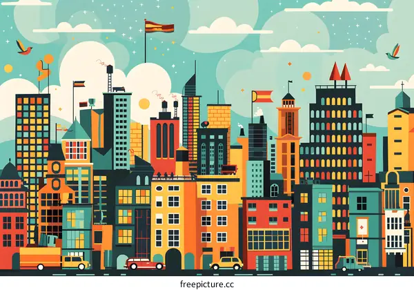 Colorful Cityscape with Flat Design and Buildings